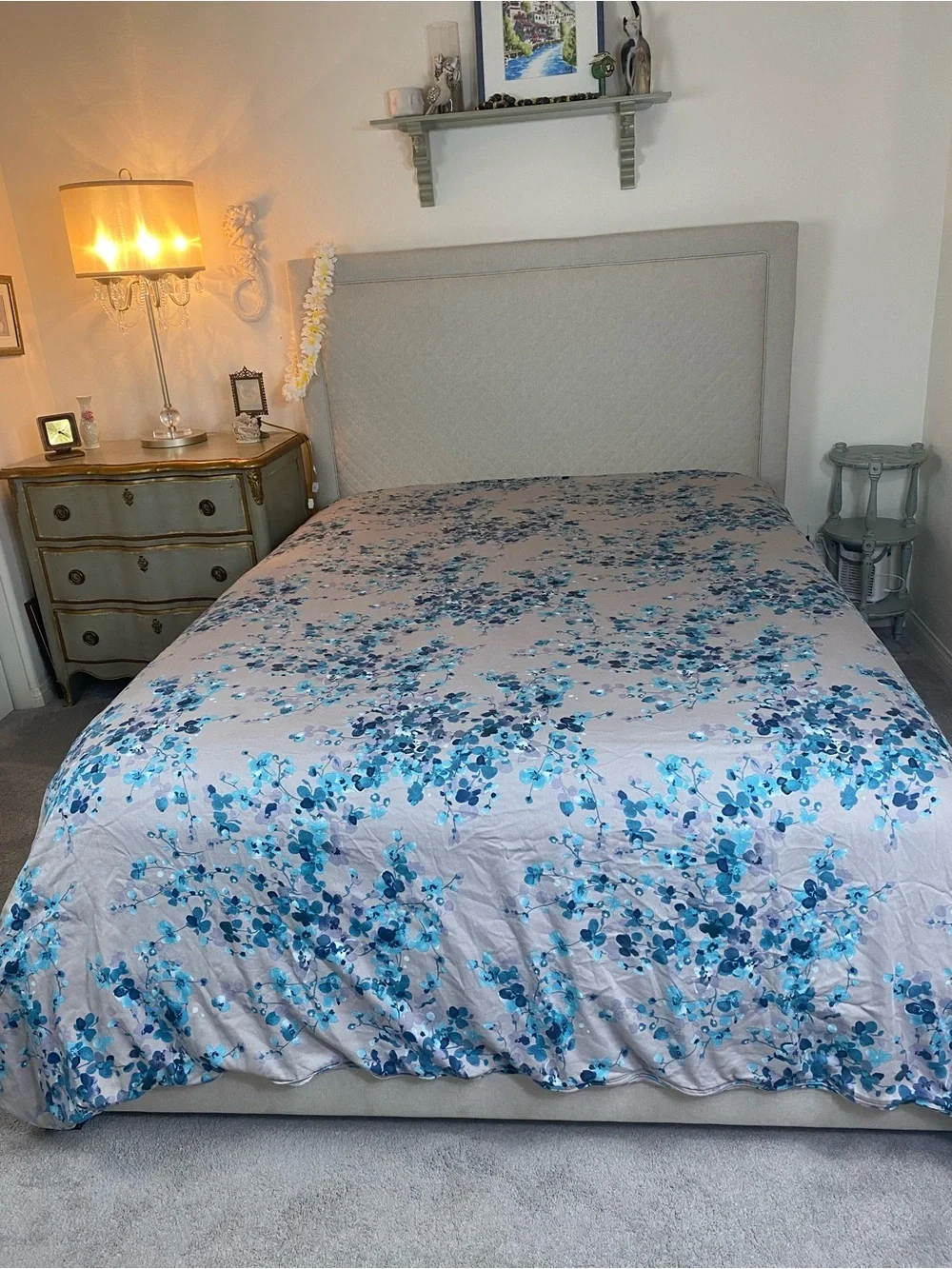 Floral Teal blue and turquoise flowers on a grey background Duvet Cover